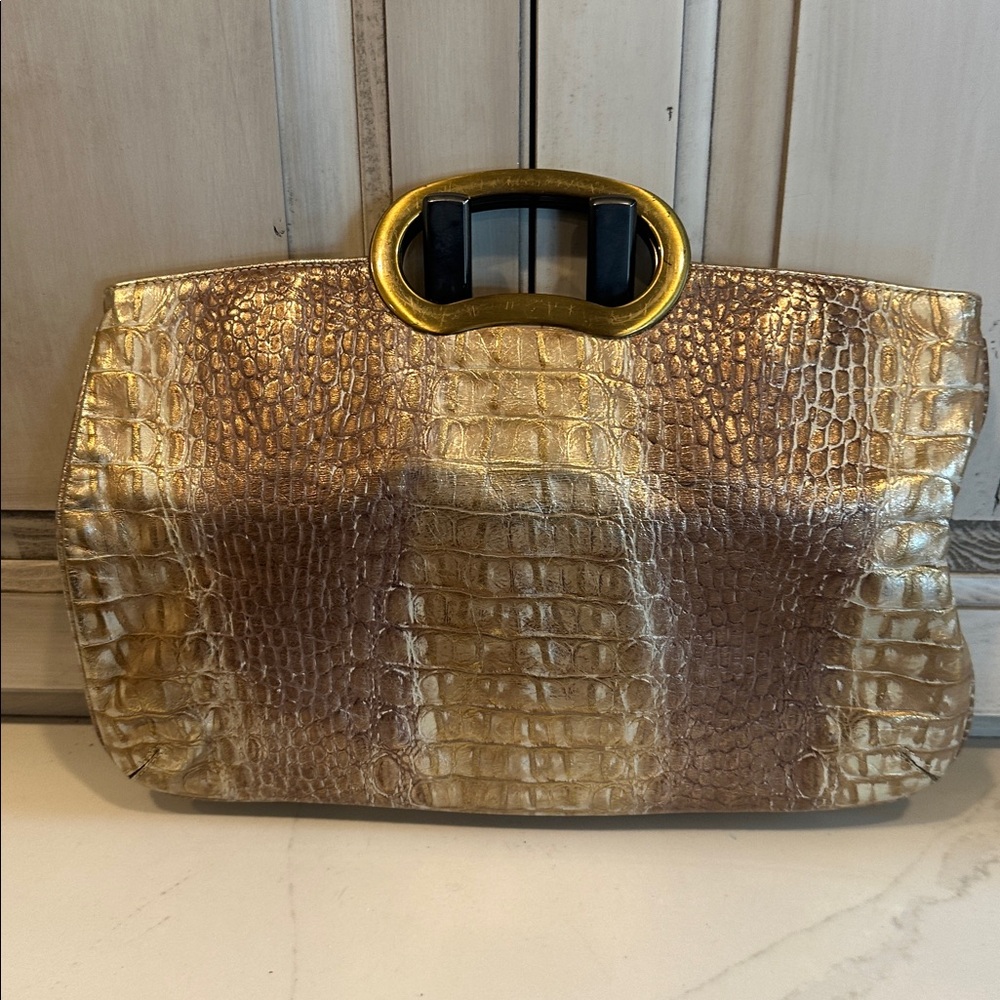 Chic Gold and Tan Crocodile-Embossed Clutch
